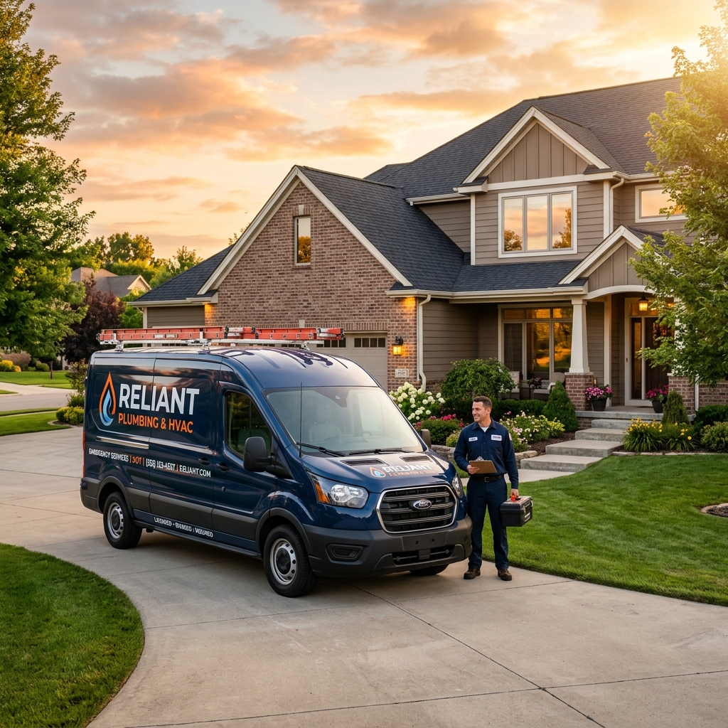 Oasis Plumbing and HVAC fully-equipped modern service van parked at a residential suburban home at sunset